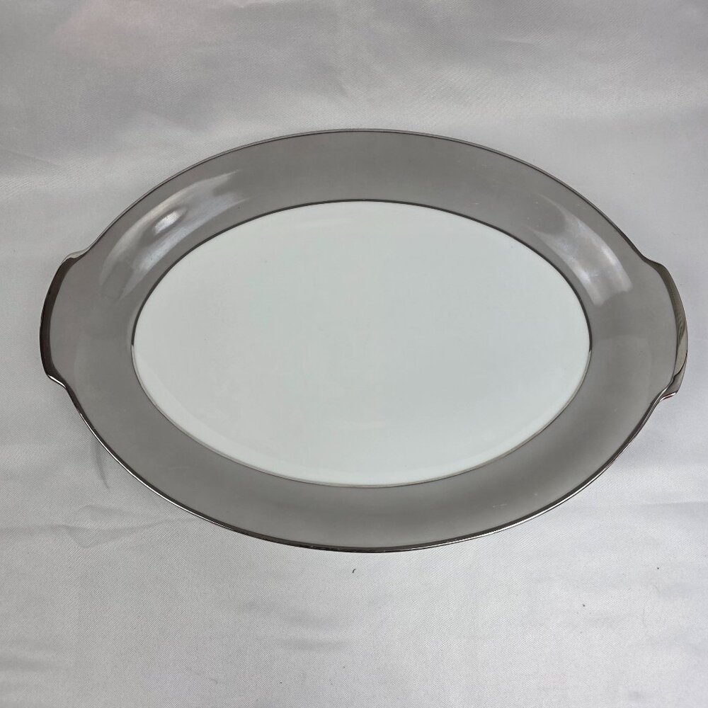 Sango Plantina Oval Serving Platter White with Gray Band & Platinum Trim